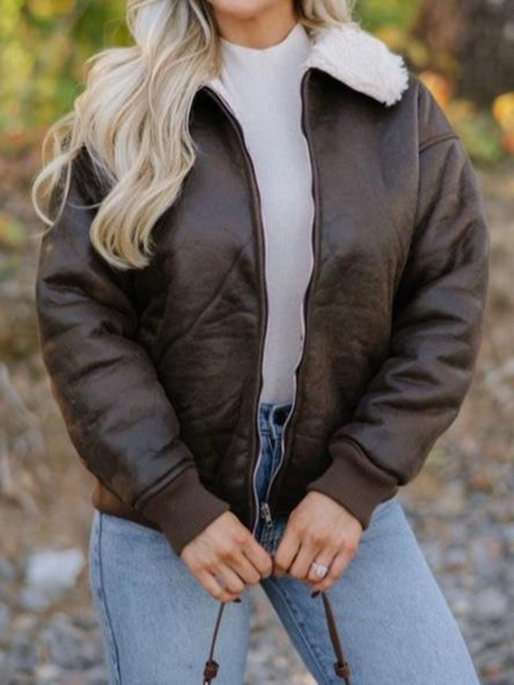 These Three Boutique Brown Faux Leather Bomber Jacket with Sherpa Collar